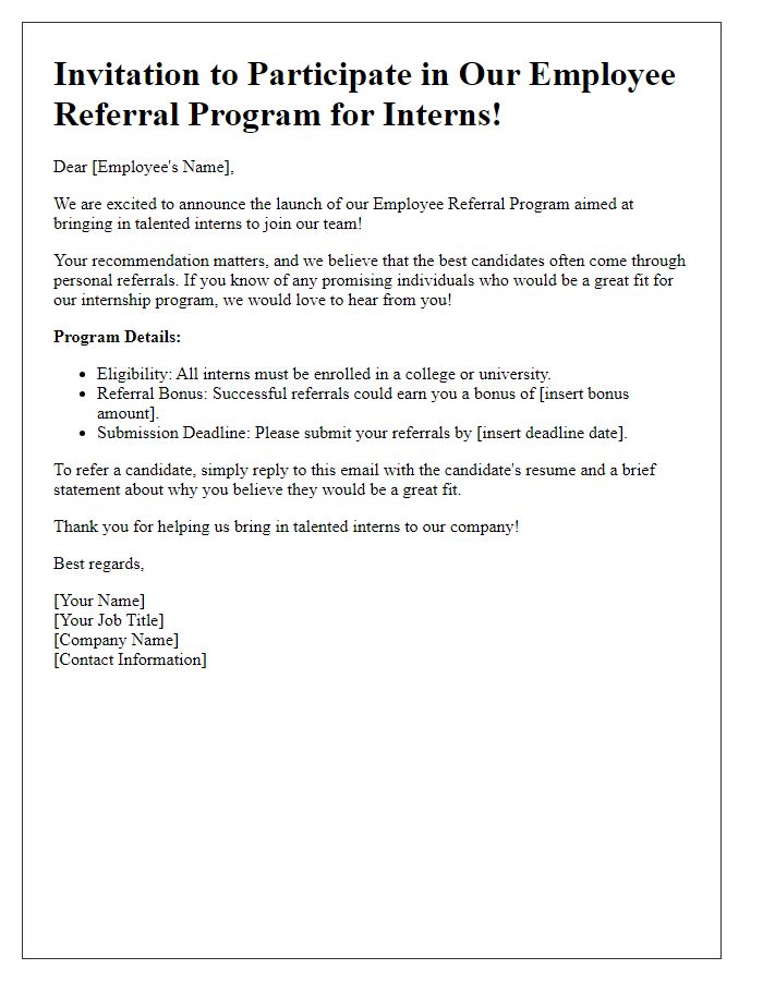 Letter template of employee referral program invitation for interns.