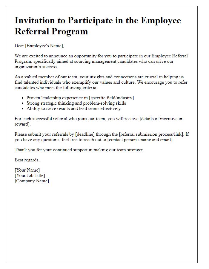 Letter template of employee referral program invitation for management candidates.