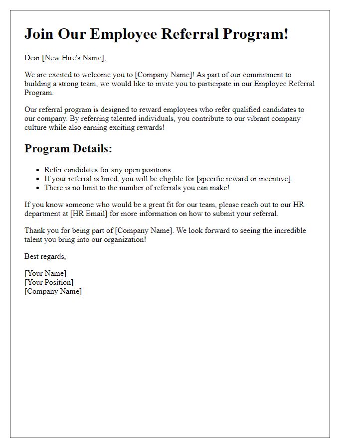 Letter template of employee referral program invitation for new hires.