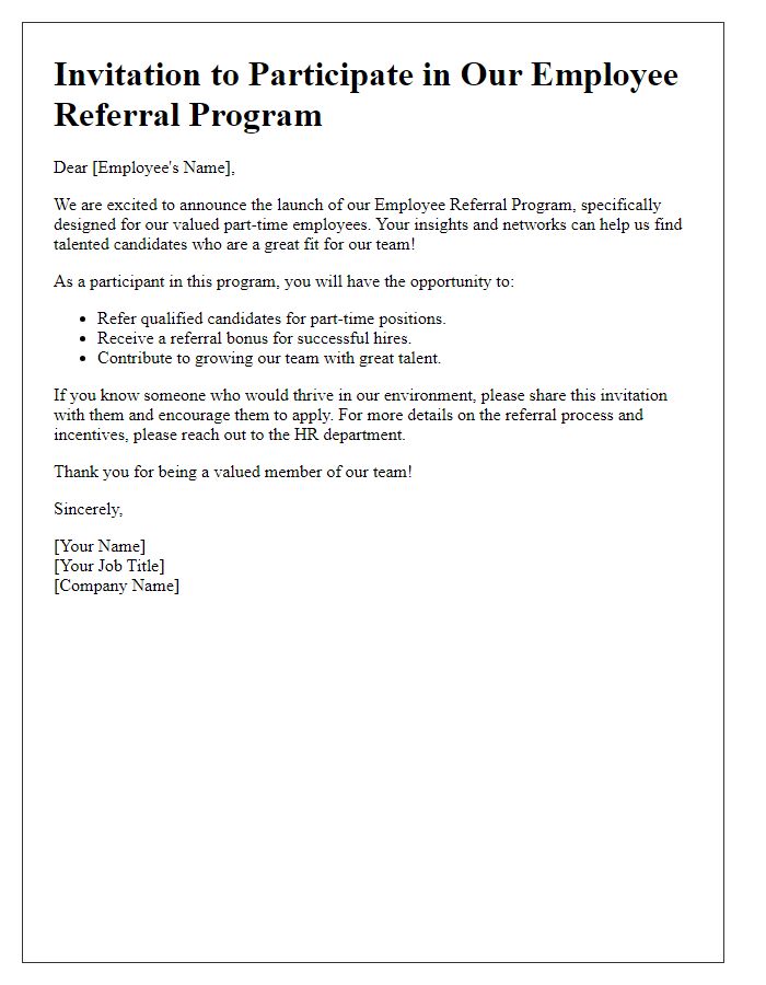 Letter template of employee referral program invitation for part-time employees.