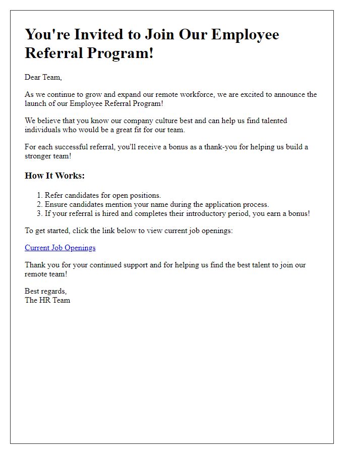 Letter template of employee referral program invitation for remote workers.