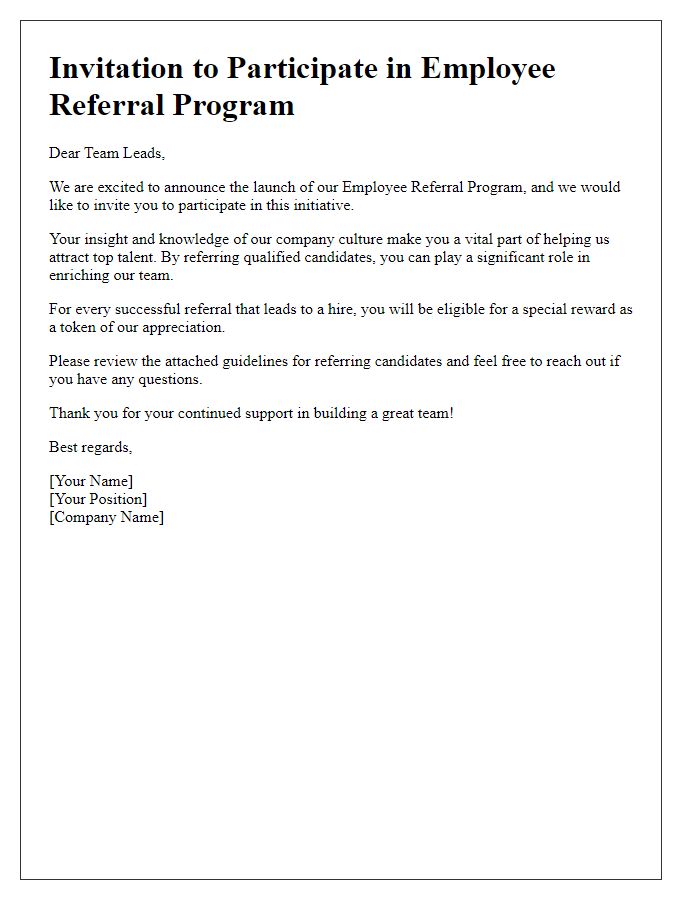 Letter template of employee referral program invitation for team leads.