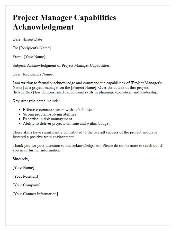 Letter template of project manager capabilities acknowledgment.