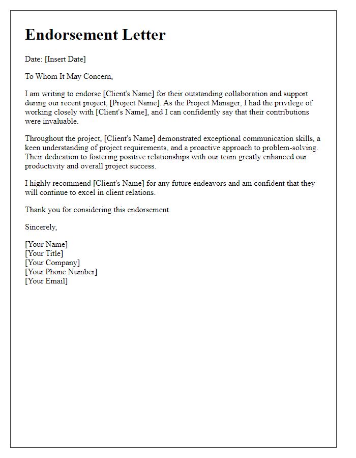 Letter template of project manager client relations endorsement.