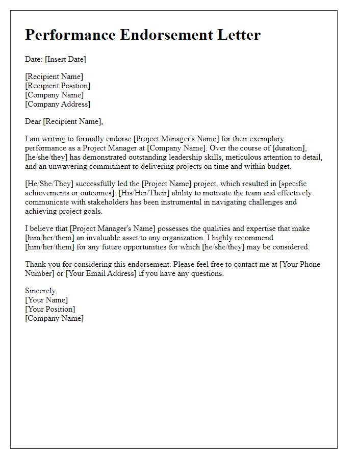 Letter template of project manager performance endorsement.