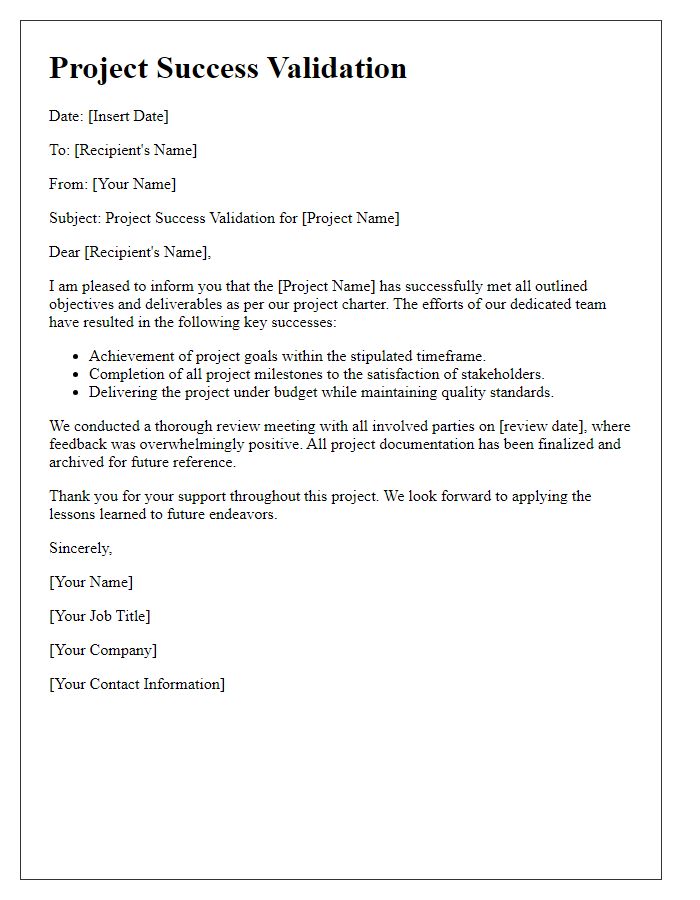 Letter template of project manager project success validation.