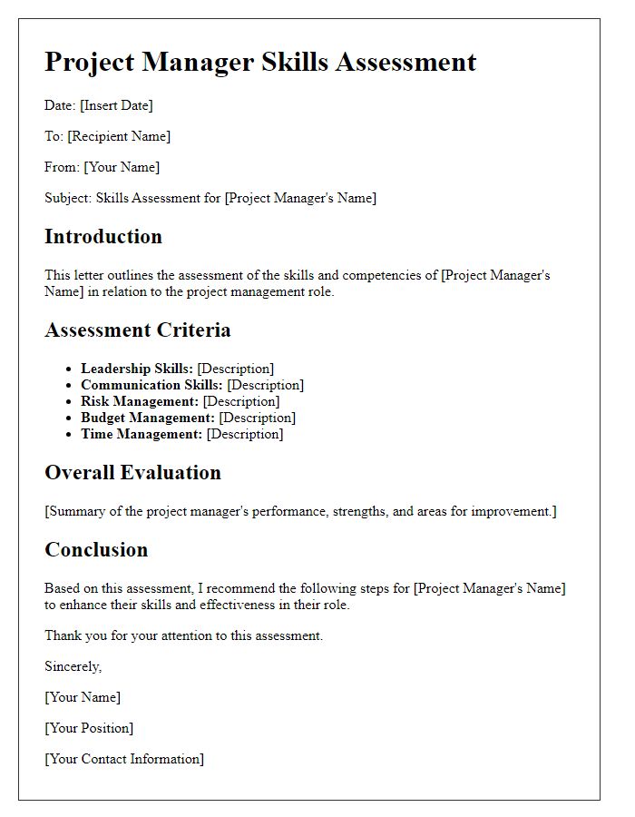 Letter template of project manager skills assessment.