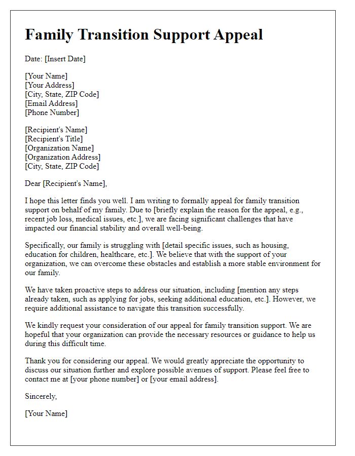 Letter template of family transition support appeal