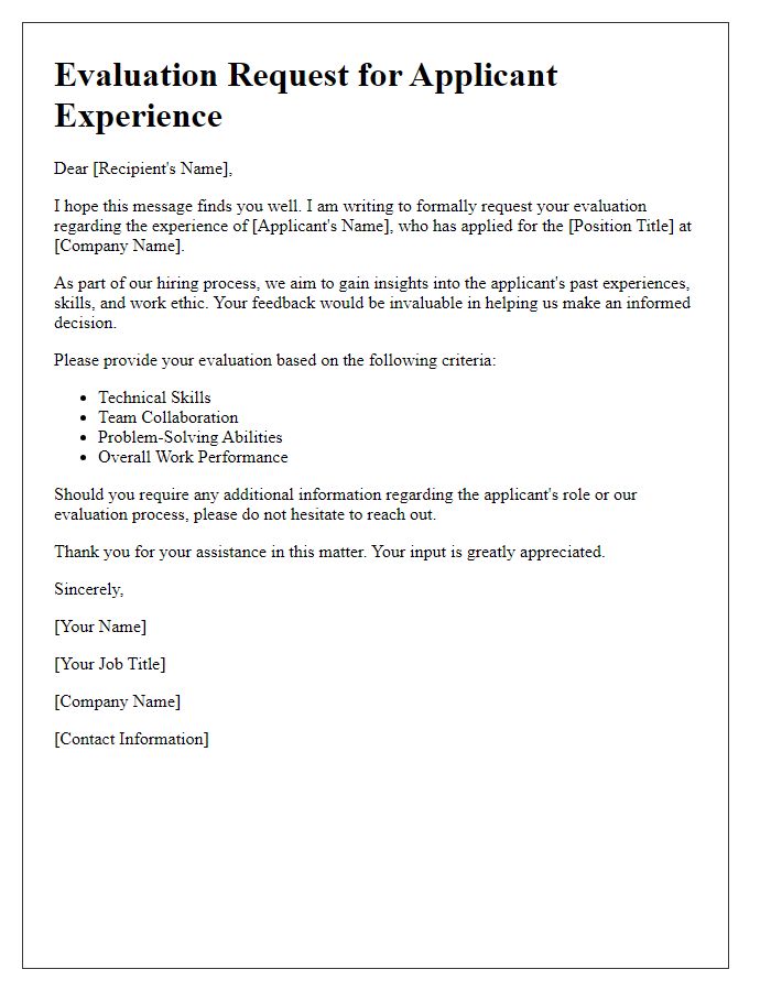 Letter template of evaluation request for applicant experience