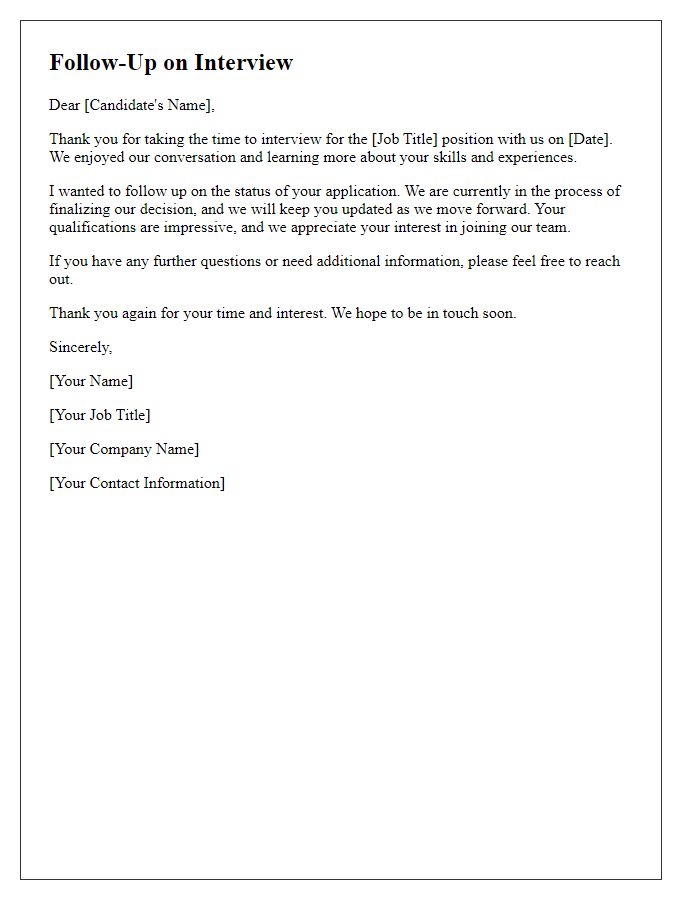 Letter template of follow-up on candidate interviews