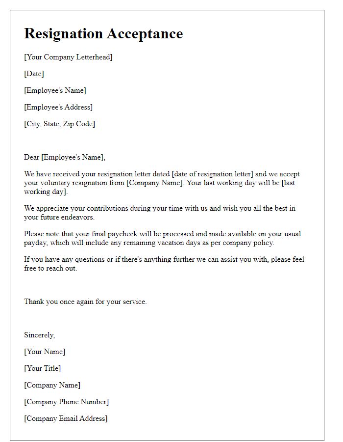 Letter template of voluntary resignation acceptance with confirmation of final paycheck