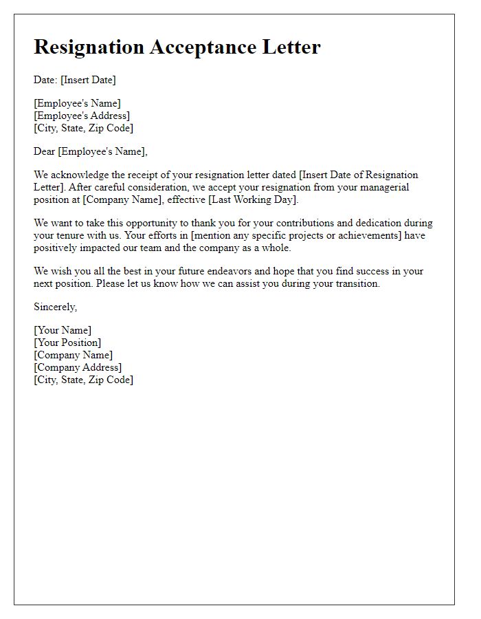 Letter template of voluntary resignation acceptance for a managerial position