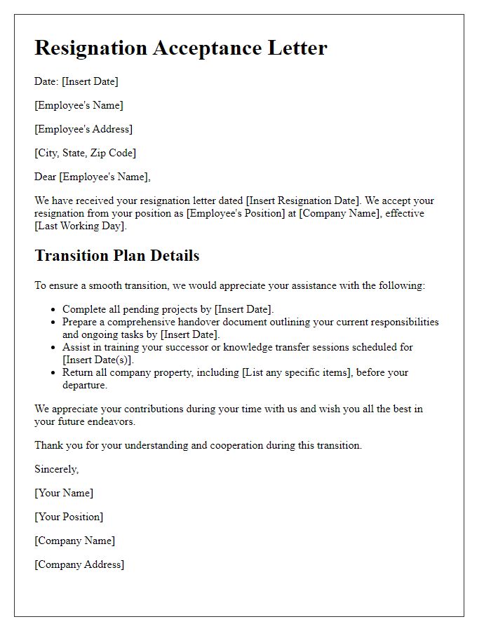 Letter template of voluntary resignation acceptance with transition plan details