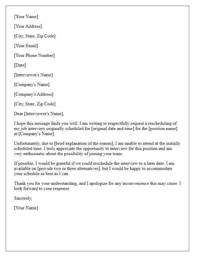 Letter template of request to reschedule job interview