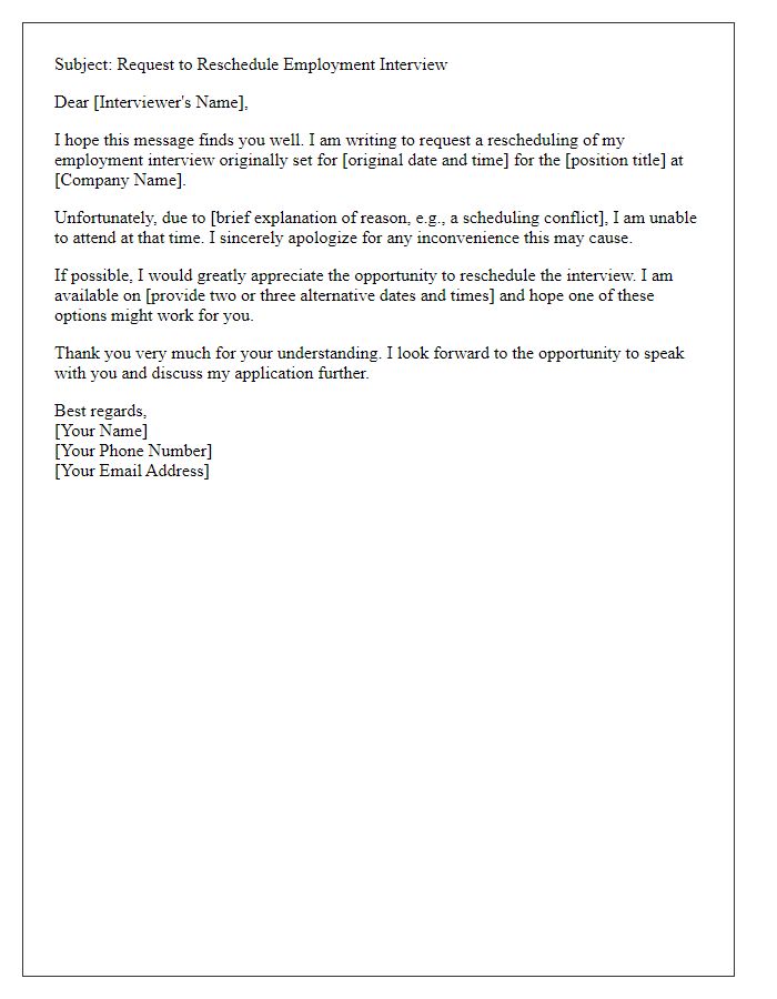 Letter template of rescheduling an employment interview