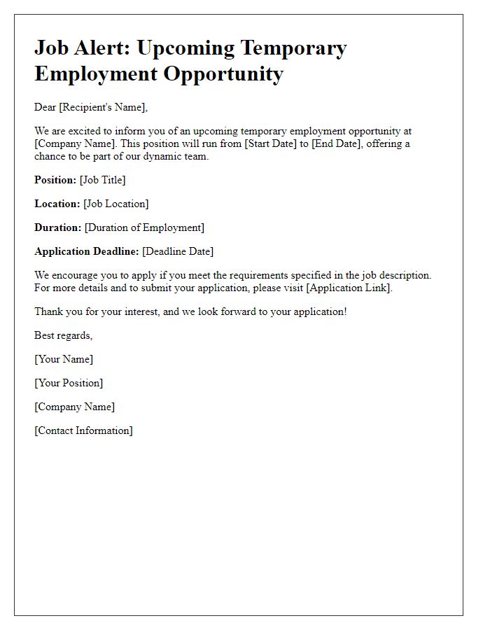 Letter template of alert for upcoming temporary employment opportunity