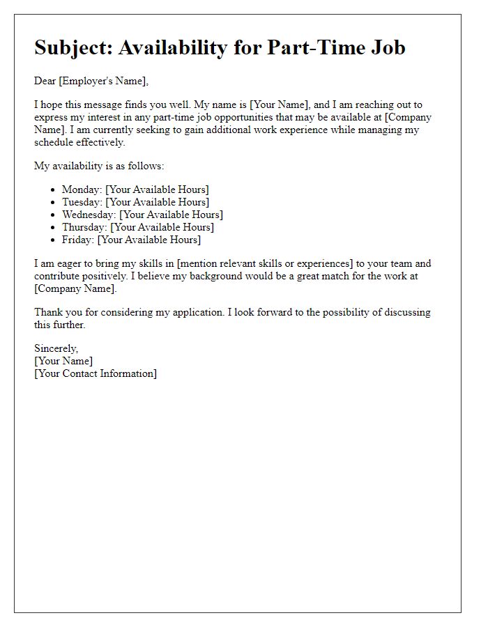 Letter template of message for part-time job availability