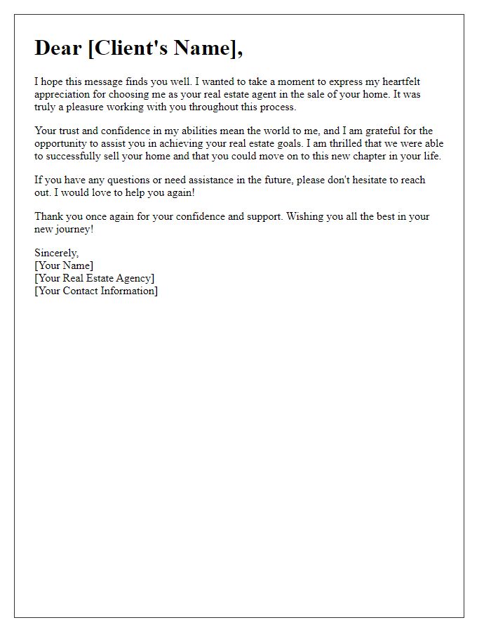 Letter template of a real estate agent appreciation for selling a home.