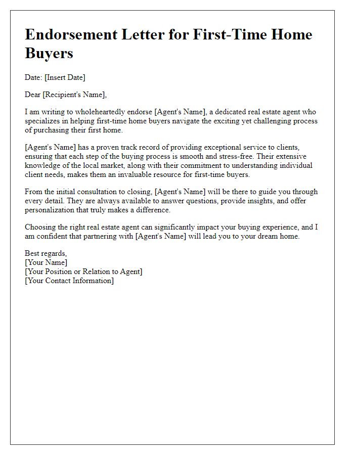 Letter template of a real estate agent endorsement for first-time buyers.