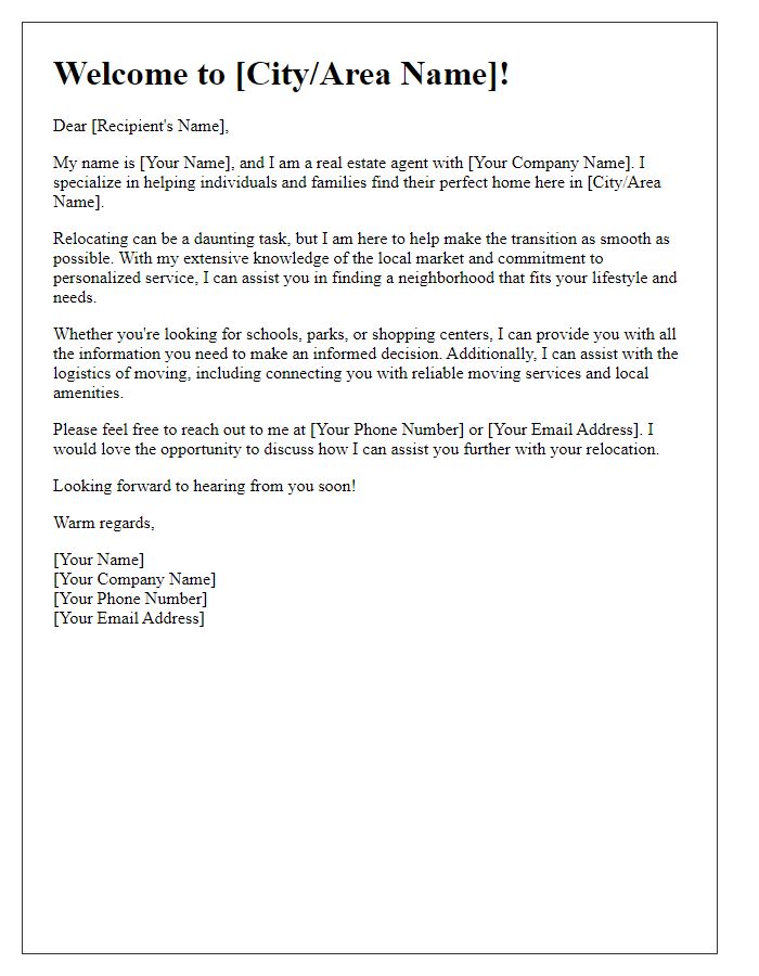 Letter template of a real estate agent introduction for relocation assistance.