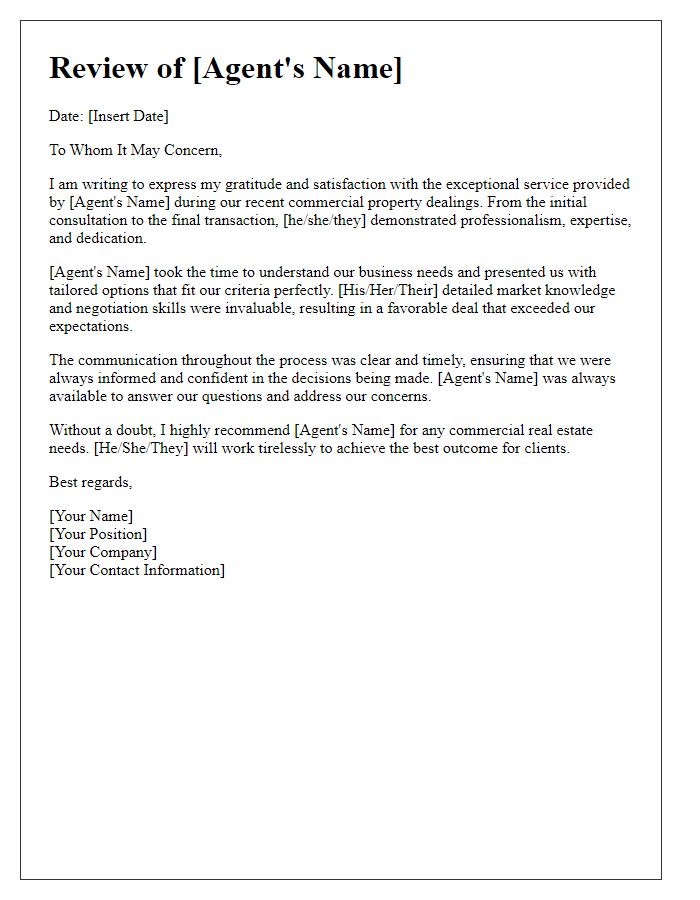 Letter template of a real estate agent review for commercial property dealings.