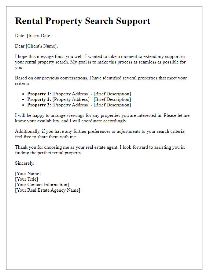 Letter template of a real estate agent support for a rental property search.