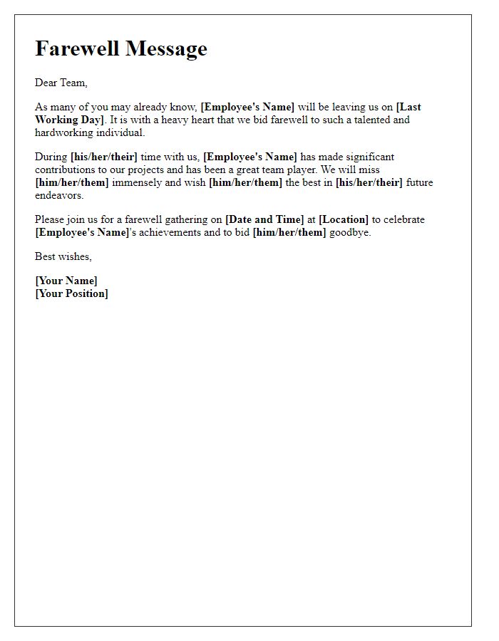 Letter template of employee farewell message