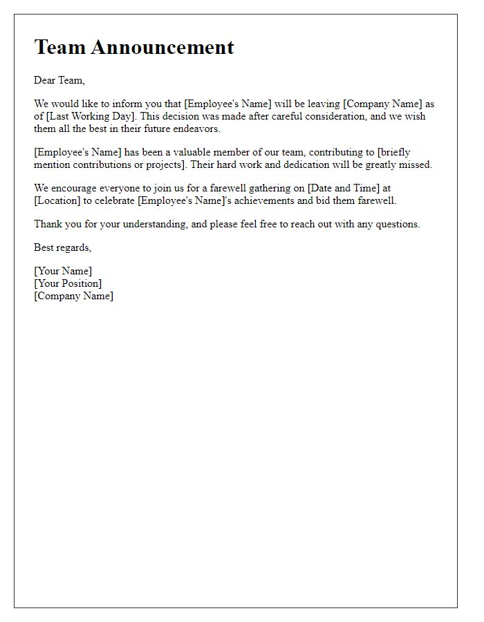 Letter template of exit announcement for team members