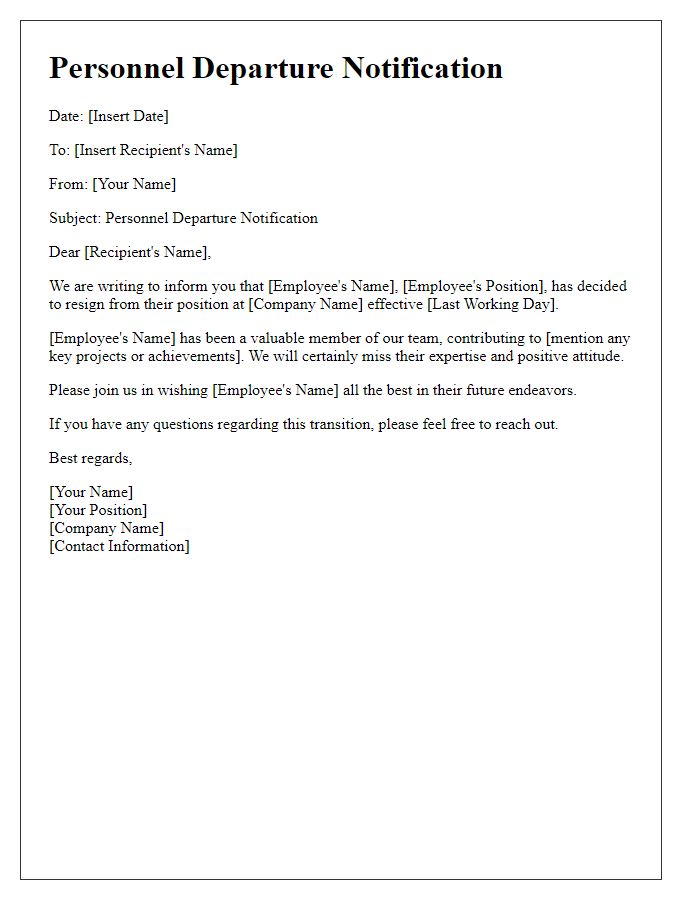 Letter template of personnel departure notification