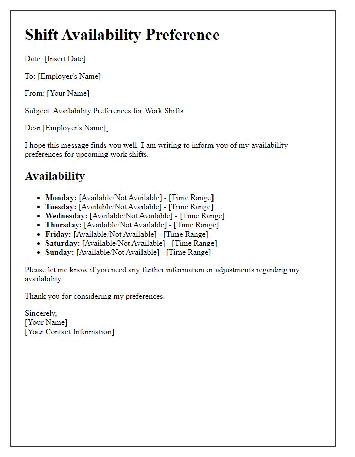 Letter template of availability preferences for work shifts.