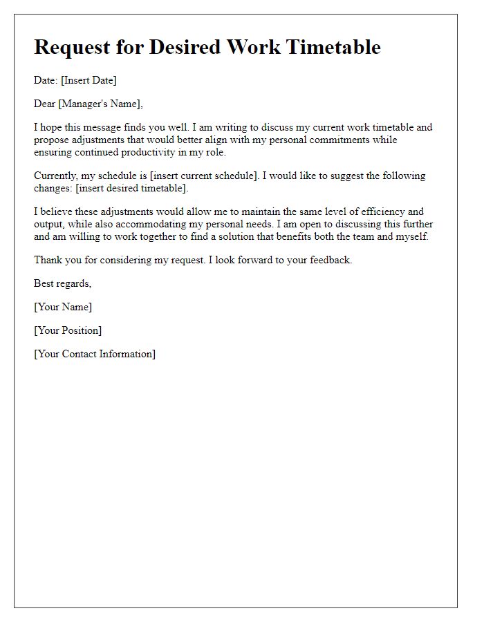 Letter template of desired work timetable communication.
