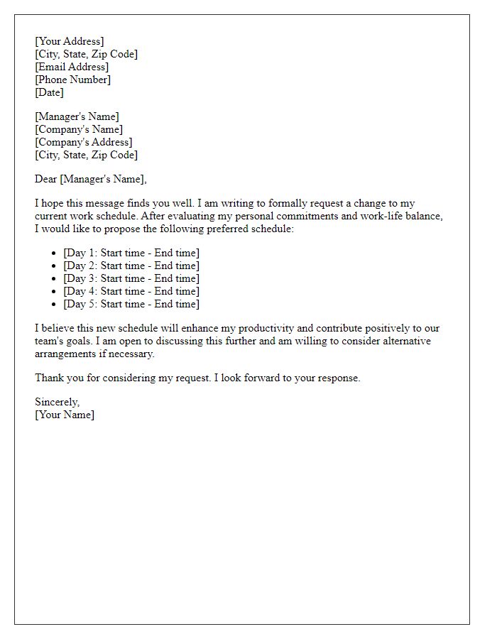 Letter template of preferred work schedule request.