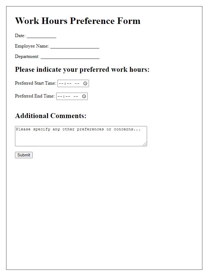 Letter template of work hours preference form.