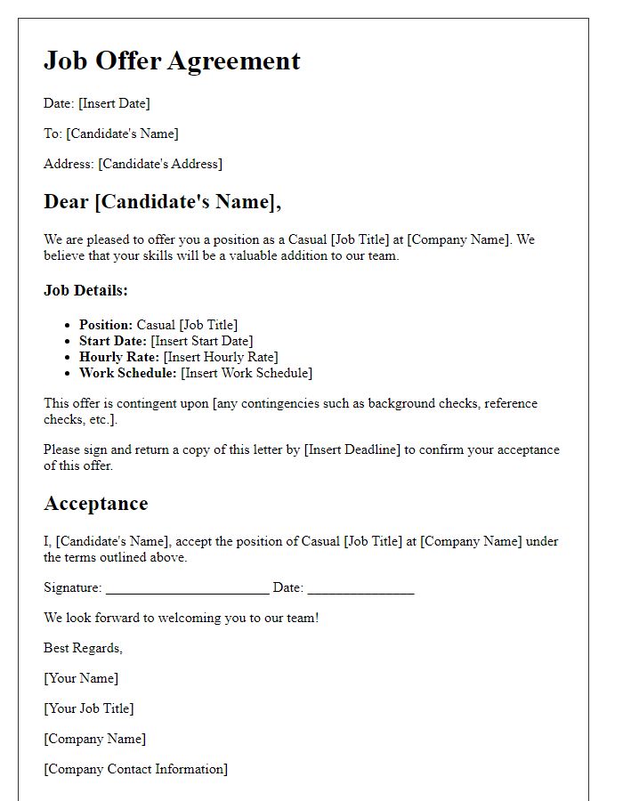 Letter template of job offer agreement for casual role