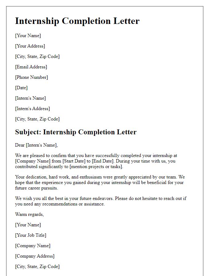 Letter template of internship completion letter.