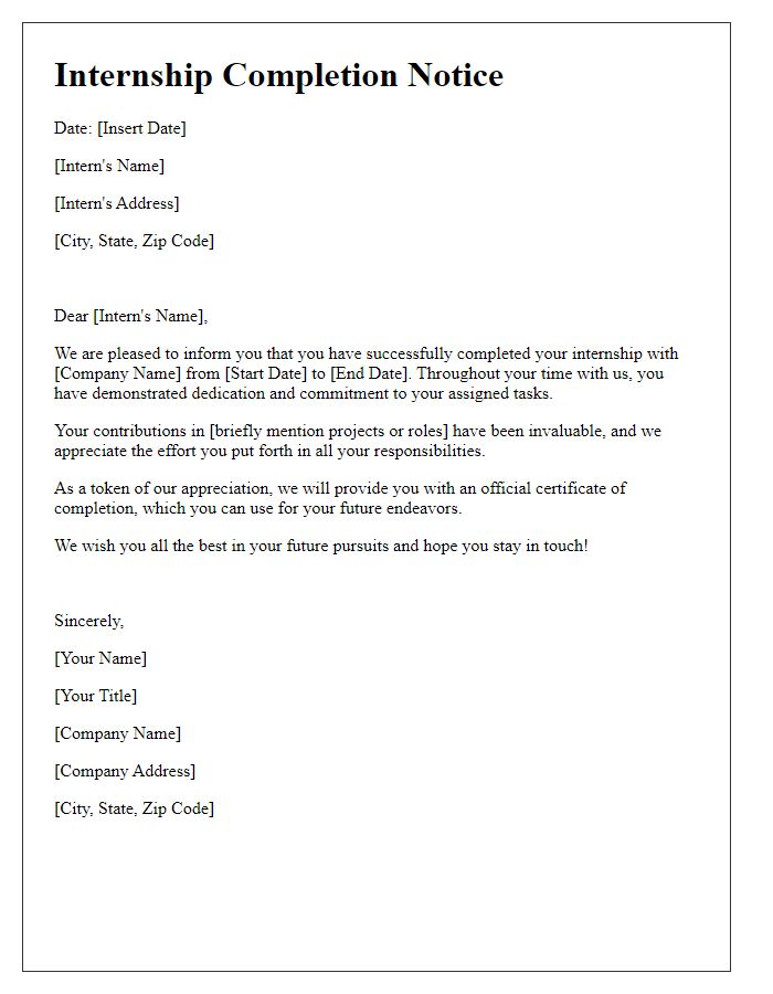 Letter template of internship completion notice.