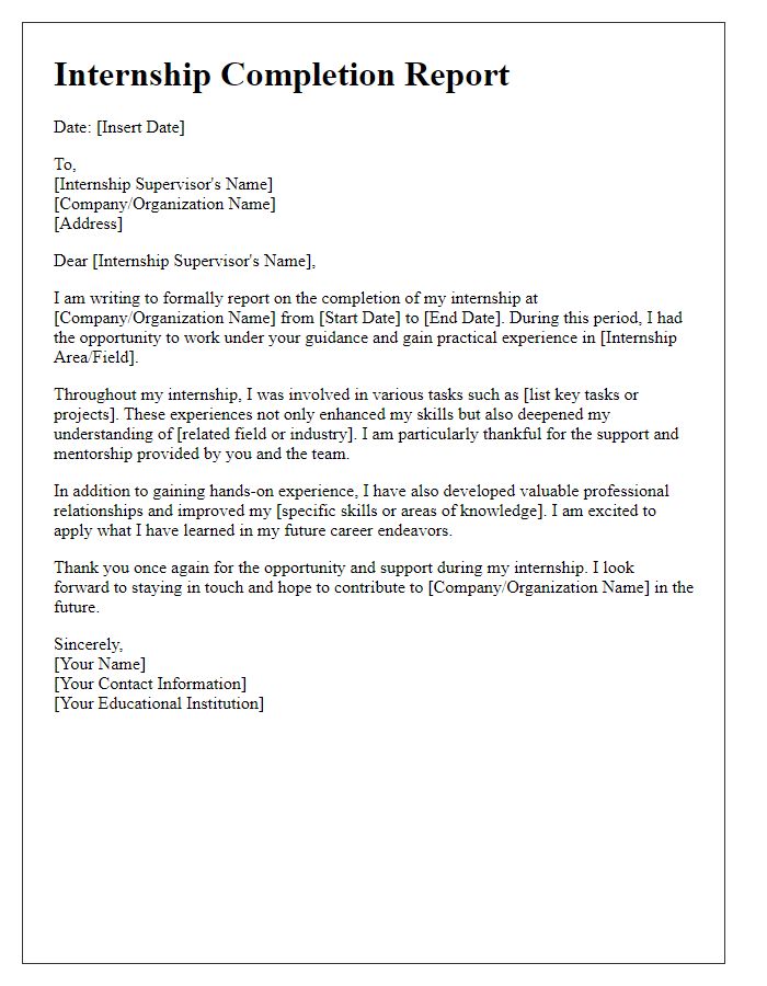 Letter template of internship completion report.