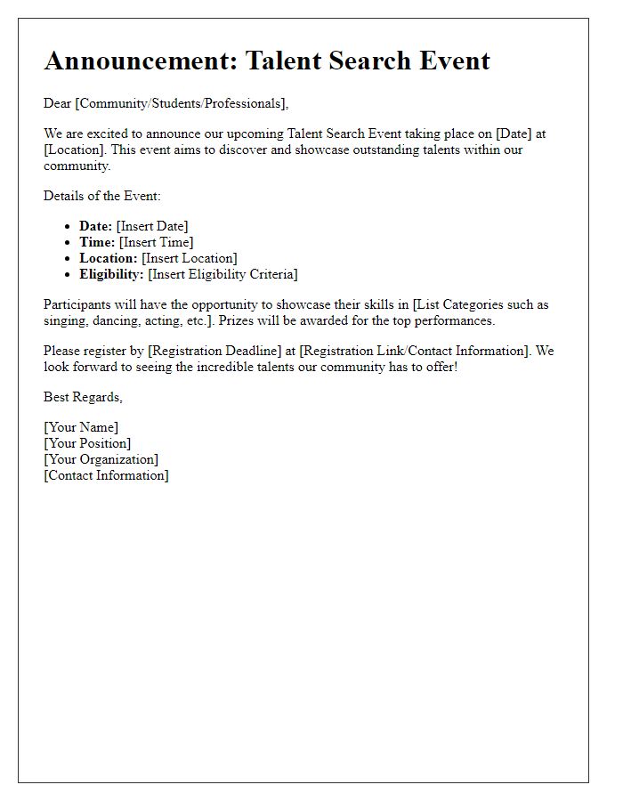 Letter template of announcement for talent search event