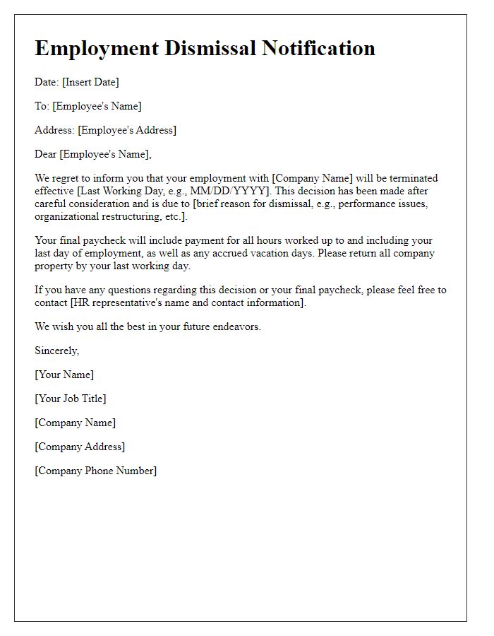 Letter template of employment dismissal notification