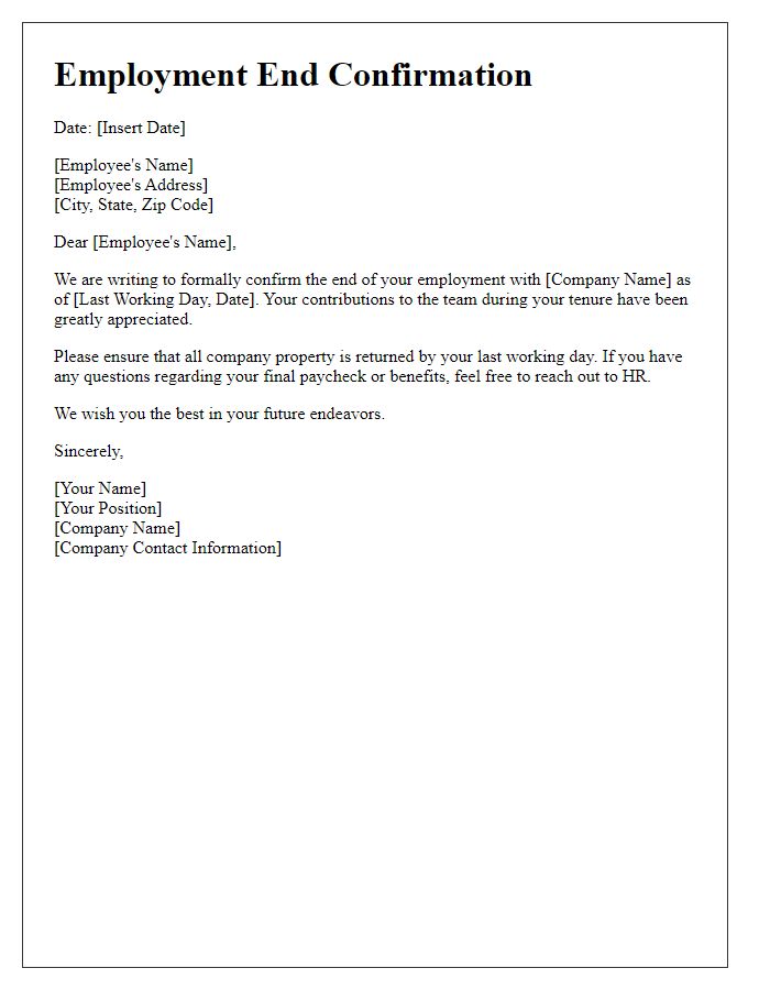 Letter template of employment end confirmation