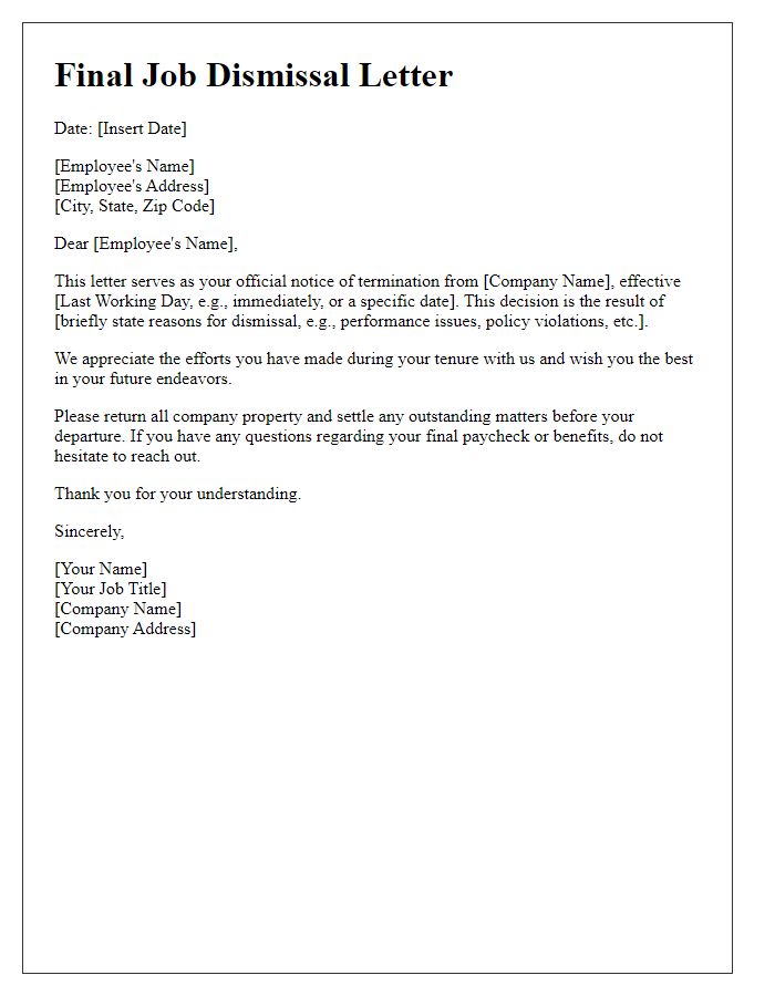 Letter template of final job dismissal correspondence