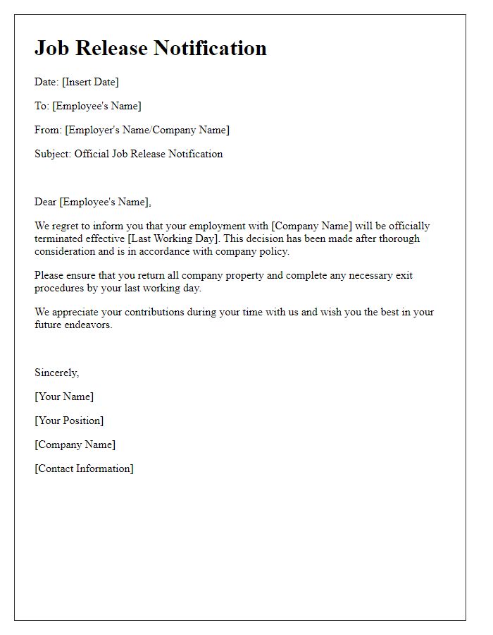 Letter template of official job release notification