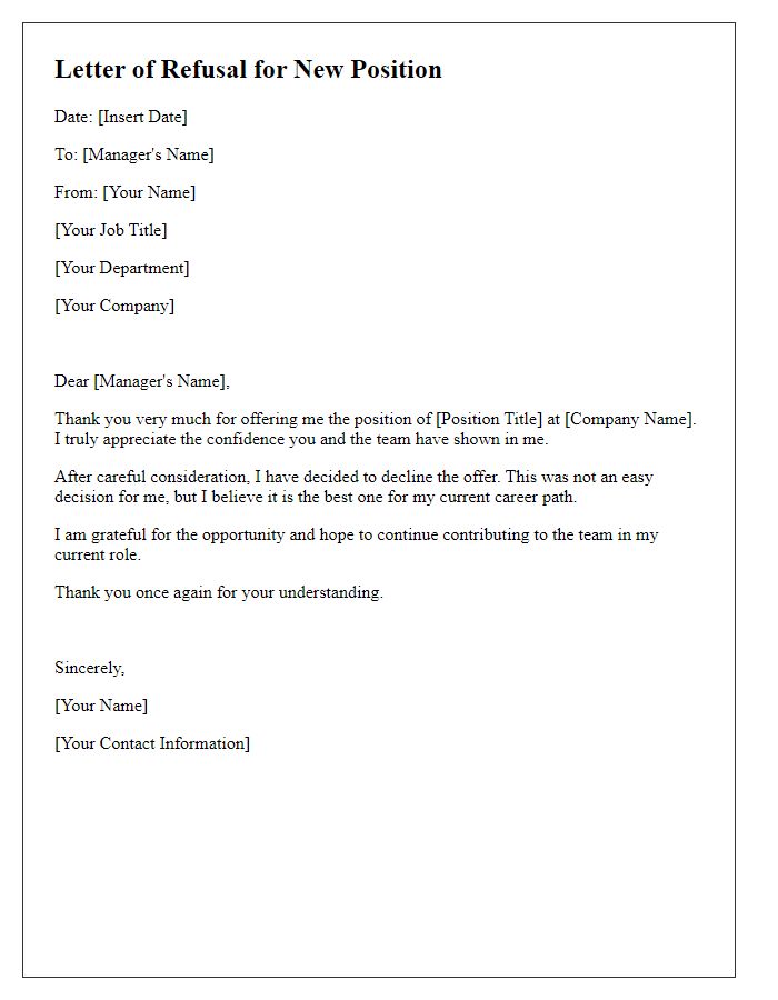 Letter template of refusing to accept new position