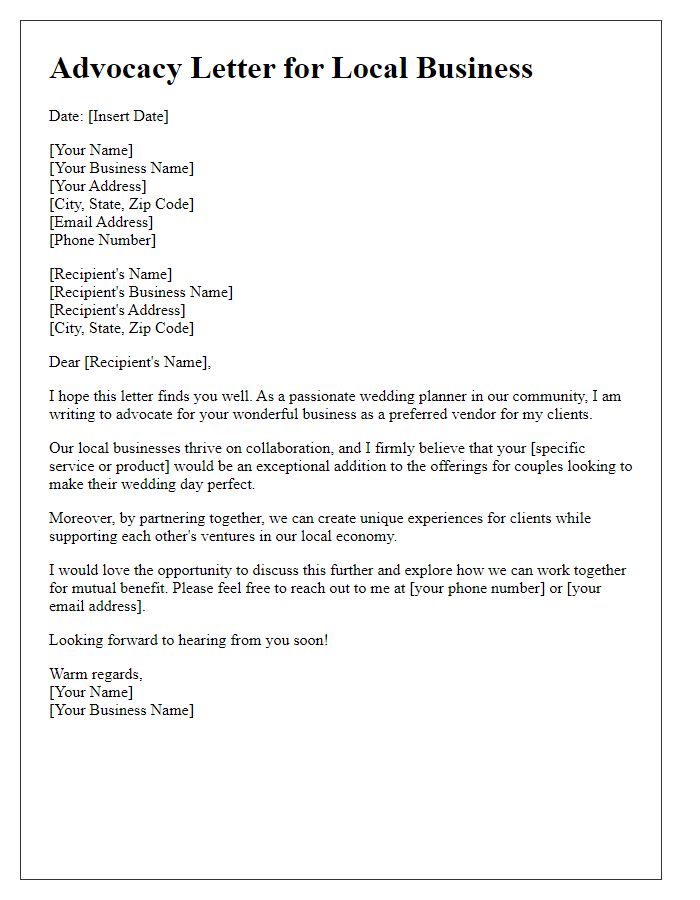 Letter template of a wedding planner advocacy for a local business.