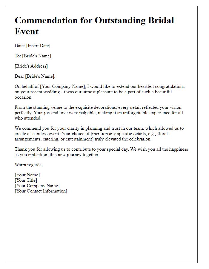 Letter template of a wedding planner commendation for a bridal event.