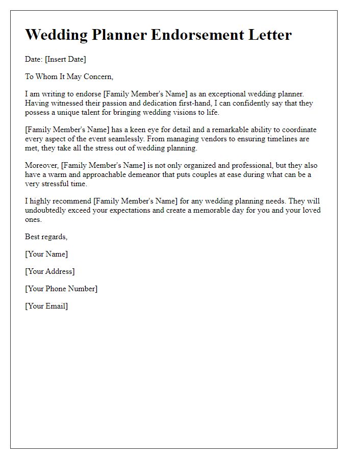 Letter template of a wedding planner endorsement for a family member.