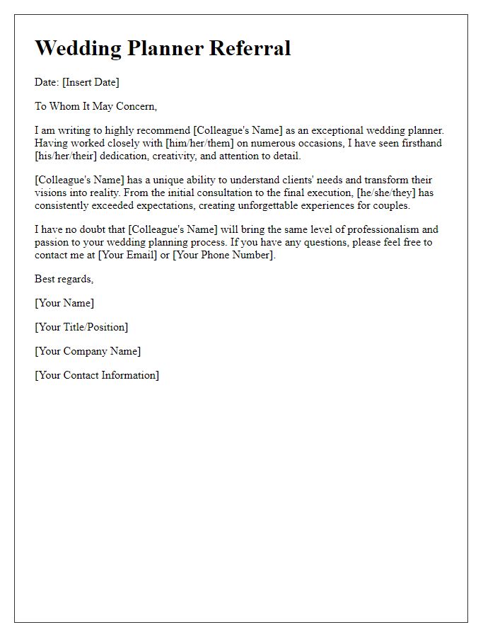 Letter template of a wedding planner referral for a colleague.