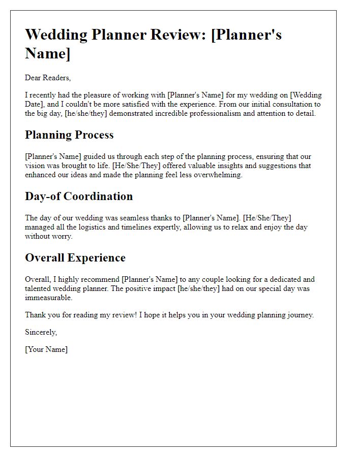 Letter template of a wedding planner review for a wedding blog.