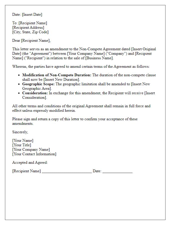 Letter template of Amended Non-Compete Agreement for Business Sale.