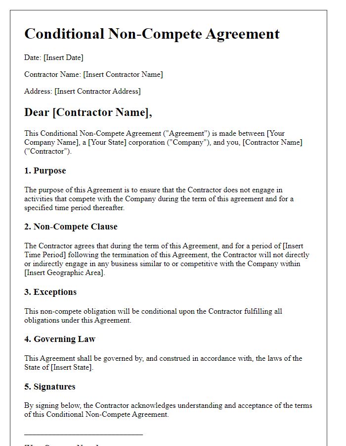 Letter template of Conditional Non-Compete Agreement for Contractors.